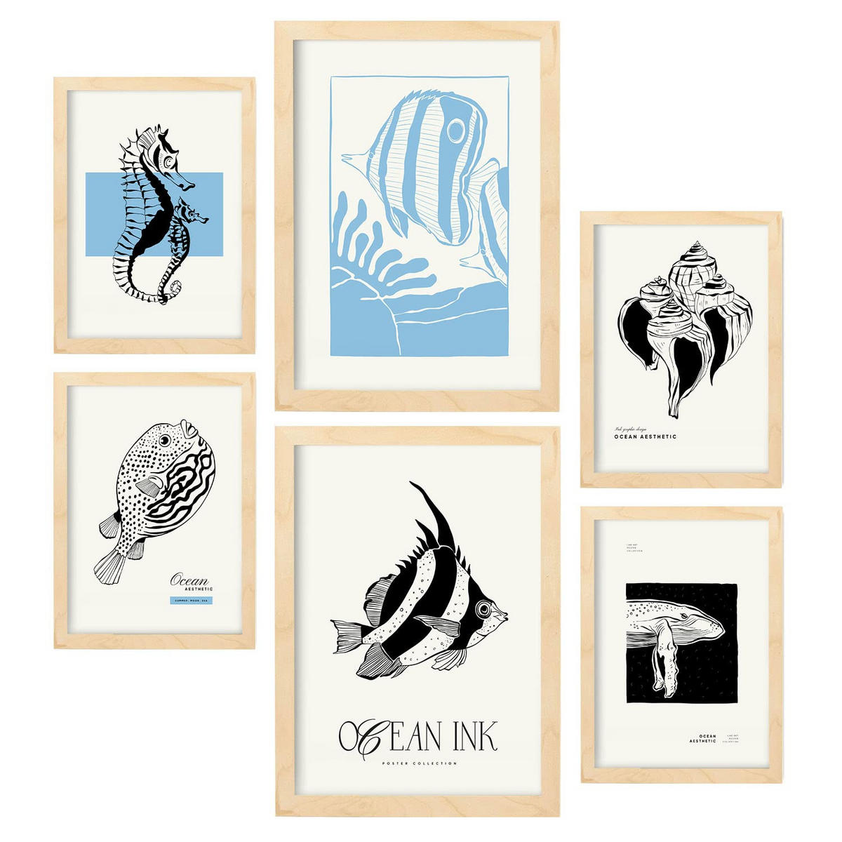 POSTER Set Mit 6 Schwarze Tintenmeermuster Größe A3 & A4 Rahmen aus hellem Holz - Beige, Papier (29.7/1cm) - Nacnic