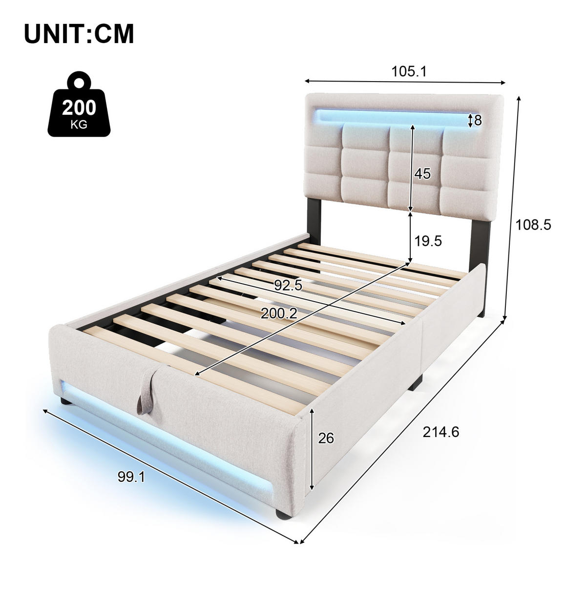 POLSTERBETT 90/200 cm Beige aus Leinen mit Bettkasten und LED-Beleuchtung - Beige, Textil (90/200cm) - OKMYHOME