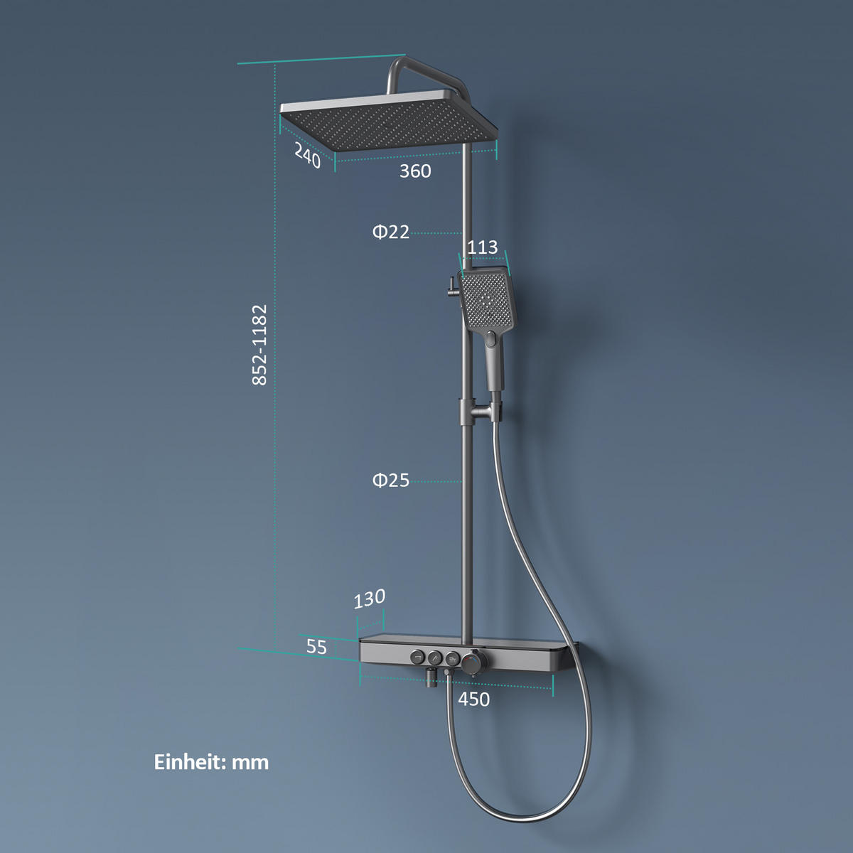ÜBERKOPFBRAUSESET mit Drei Wasserauslassmethoden Thermostat mit Ablage Anthrazit - Anthrazit, Metall (44.5/127/45cm) - EMKE