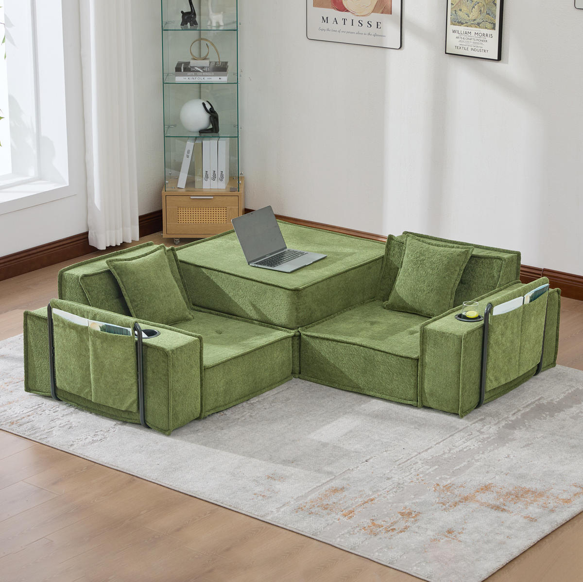 2-SITZER-SOFA aus Chenille 162x78x66 cm Grün mit 2 Kissen, Seitentaschen und modularem Design - Grün, Textil (162/66/78cm) - Modfu