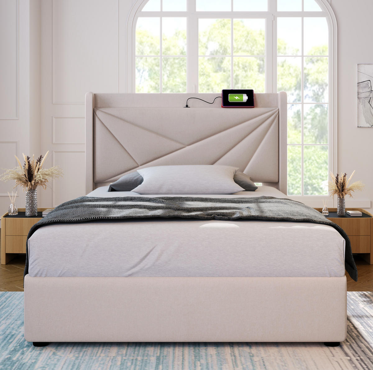 POLSTERBETT 90/200 cm Beige aus Linen mit Stauraum und USB/Typ-C mit Matratze - Beige, Textil (90/200cm) - OKWISH