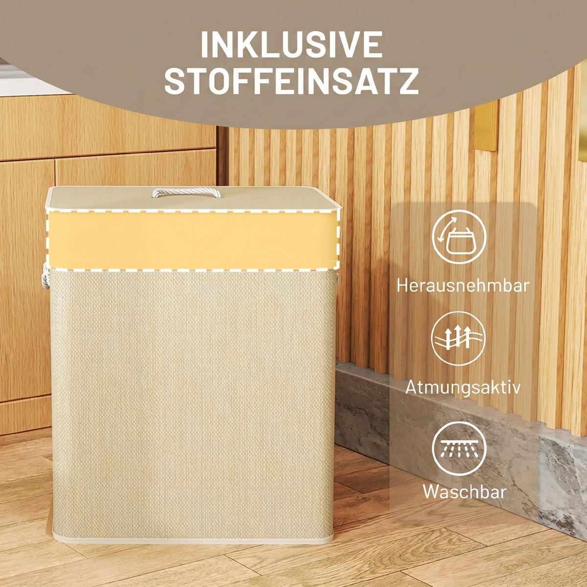 BAMBUS Cremeweiß - Hellbraun/Creme, Holz/Bambusholz (32/63/52cm) - HOMCOM