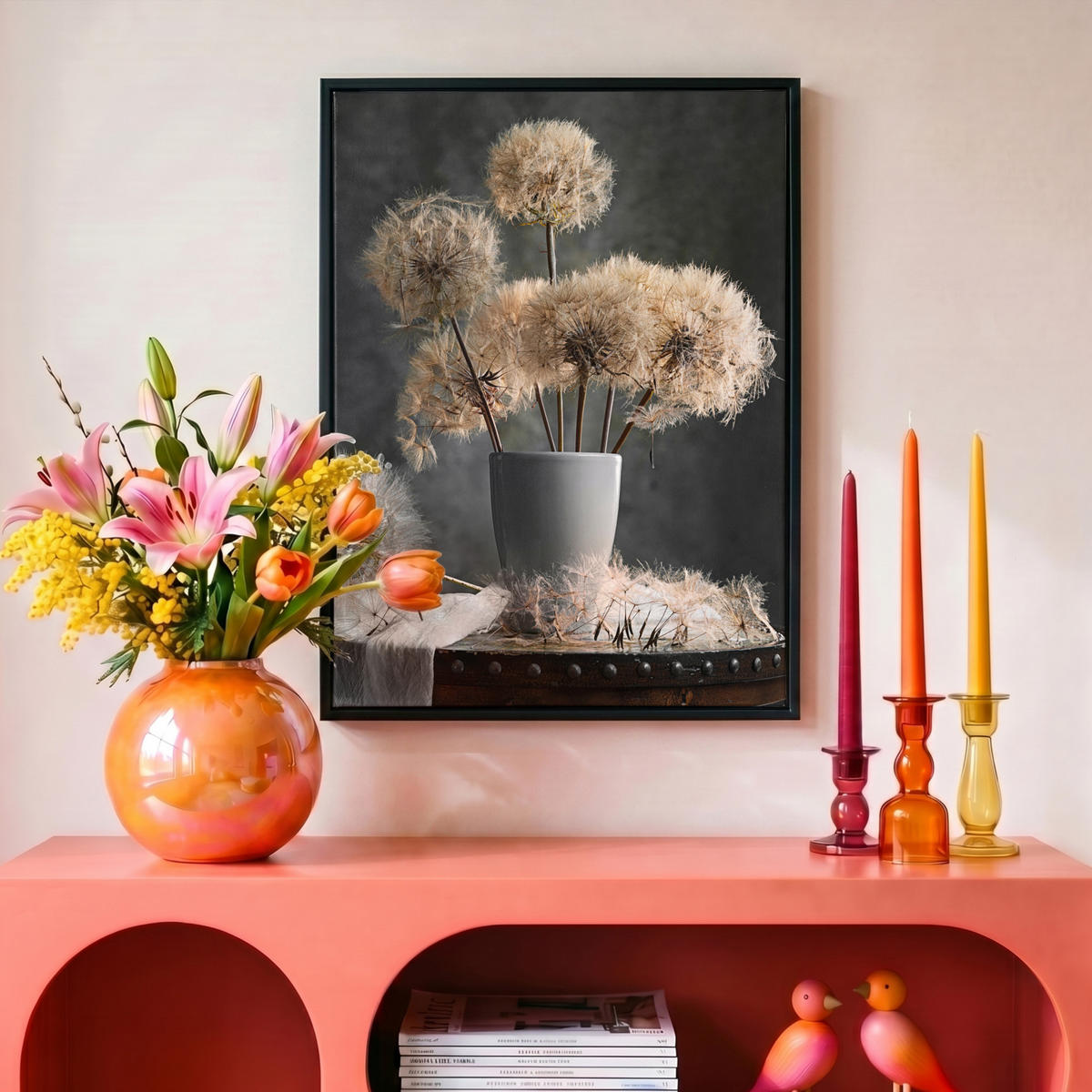 LEINWAND Bilder mit Rahmen - Blumensamen - Löwenzahn - Vase - Stilleben - Blumenstrauß - 30x40 - Dunkelgrau, Textil (30/40cm) - MuchoWow