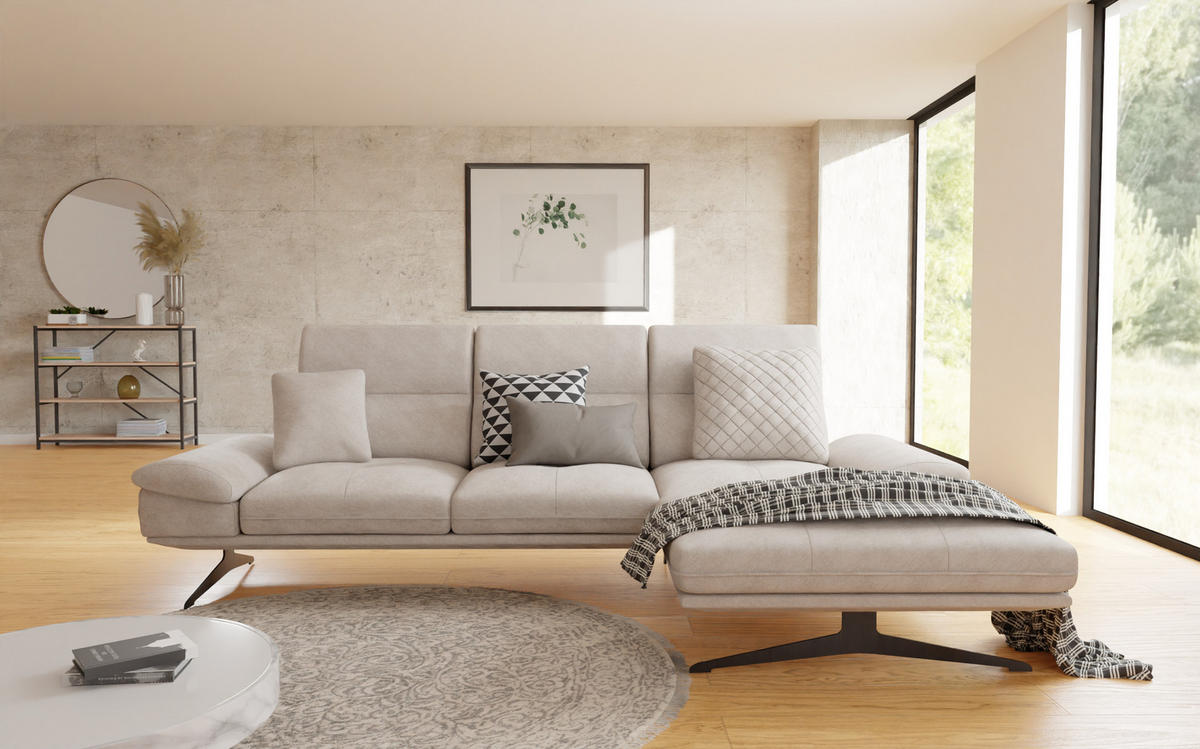 ECKSOFA Loris Beige Samt - Ottomane rechts - Beige/Schwarz, Holz/Textil (294/175cm) - S-Style Möbel