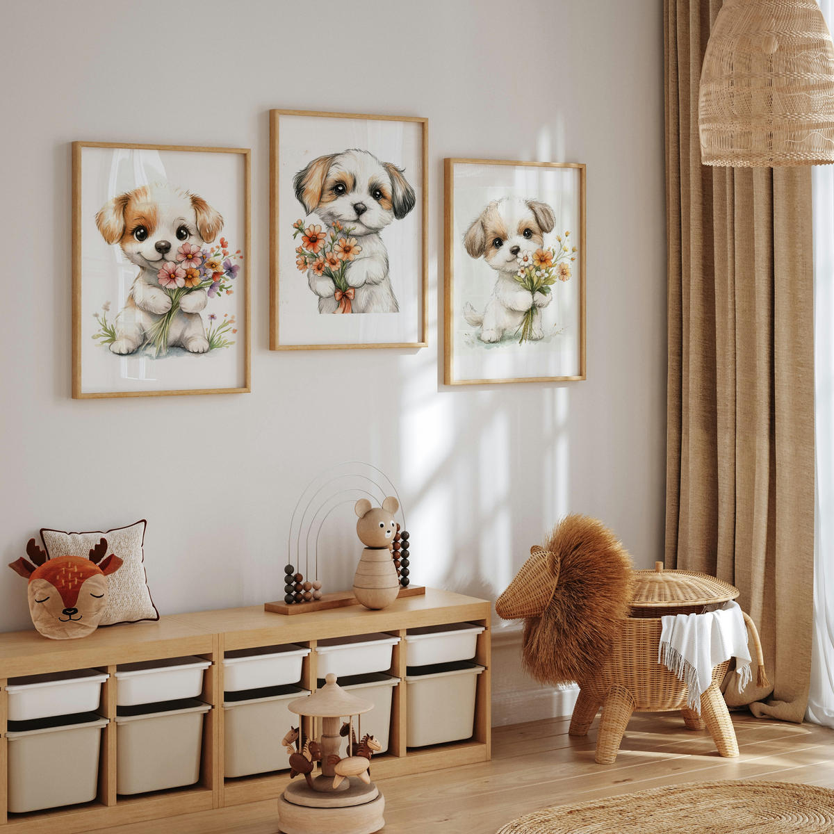 POSTER SET für Kinderzimmer HUNDE Welpen Blumen Tiere 3x Poster A4 21x30cm - Beige/Rot, Papier (21/30/1cm) - Muralo