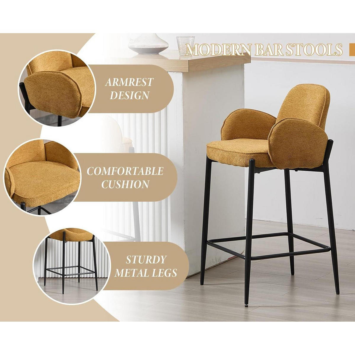 BARHOCKER 4er Set mit Armlehne Chenille Gelb - Gelb, Textil (50/90/49cm)