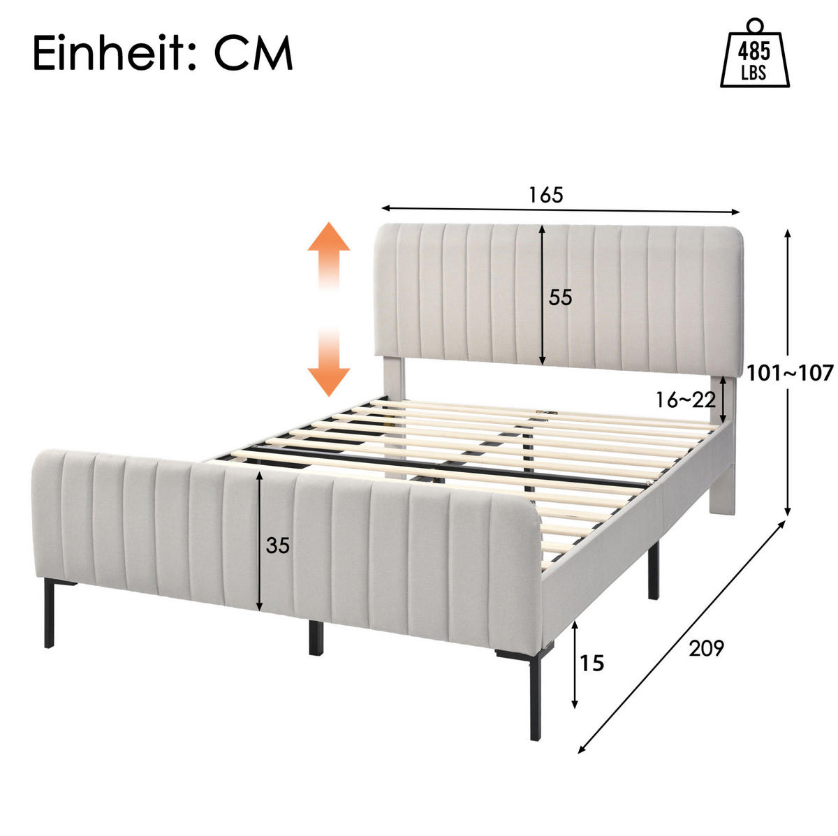 POLSTERBETT 160/200 cm in Grau-Beige mit verstellbarem Kopfteil und Lattenrost - Grau, Textil (160/200cm) - Flora Grace