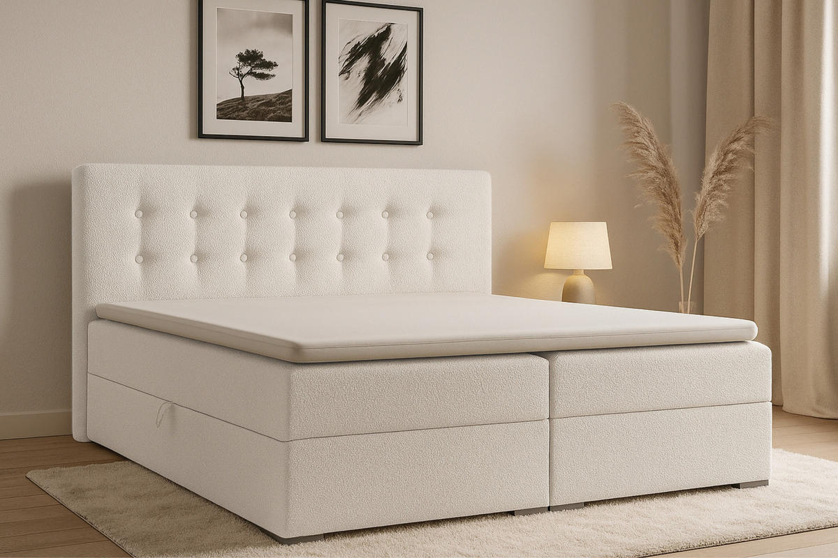 BOXBETT CYNTHIA LUX 160/200 in Boucle Weiß H4 - Weiß, Holzwerkstoff (160/200cm) - Deine Möbel 24