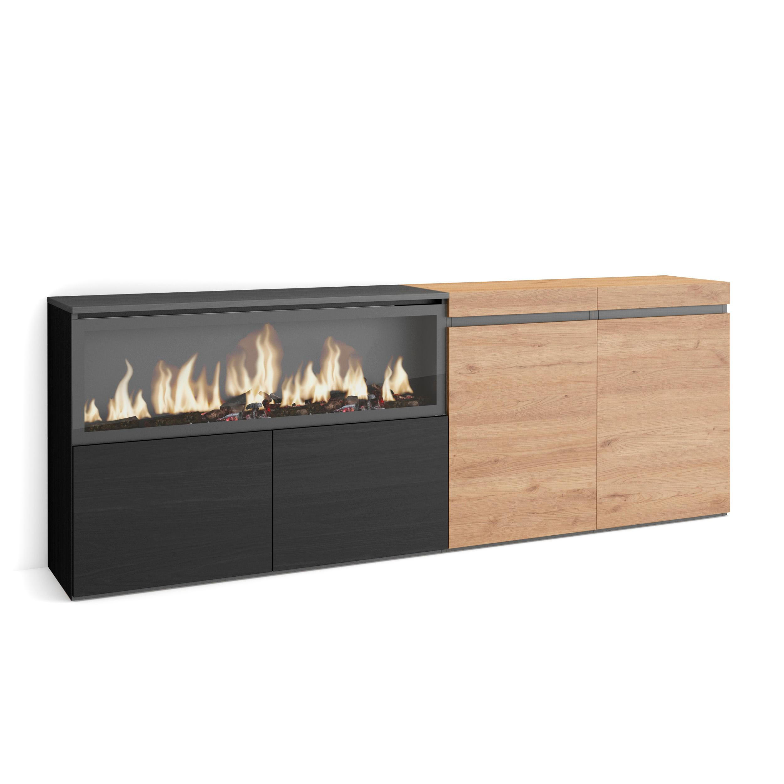 SIDEBOARD Highboard, Elektrokamin XXL, eiche, schwarz, 208/35/75cm - Eichefarben, Holzwerkstoff (208/75/35cm) - Skraut Home