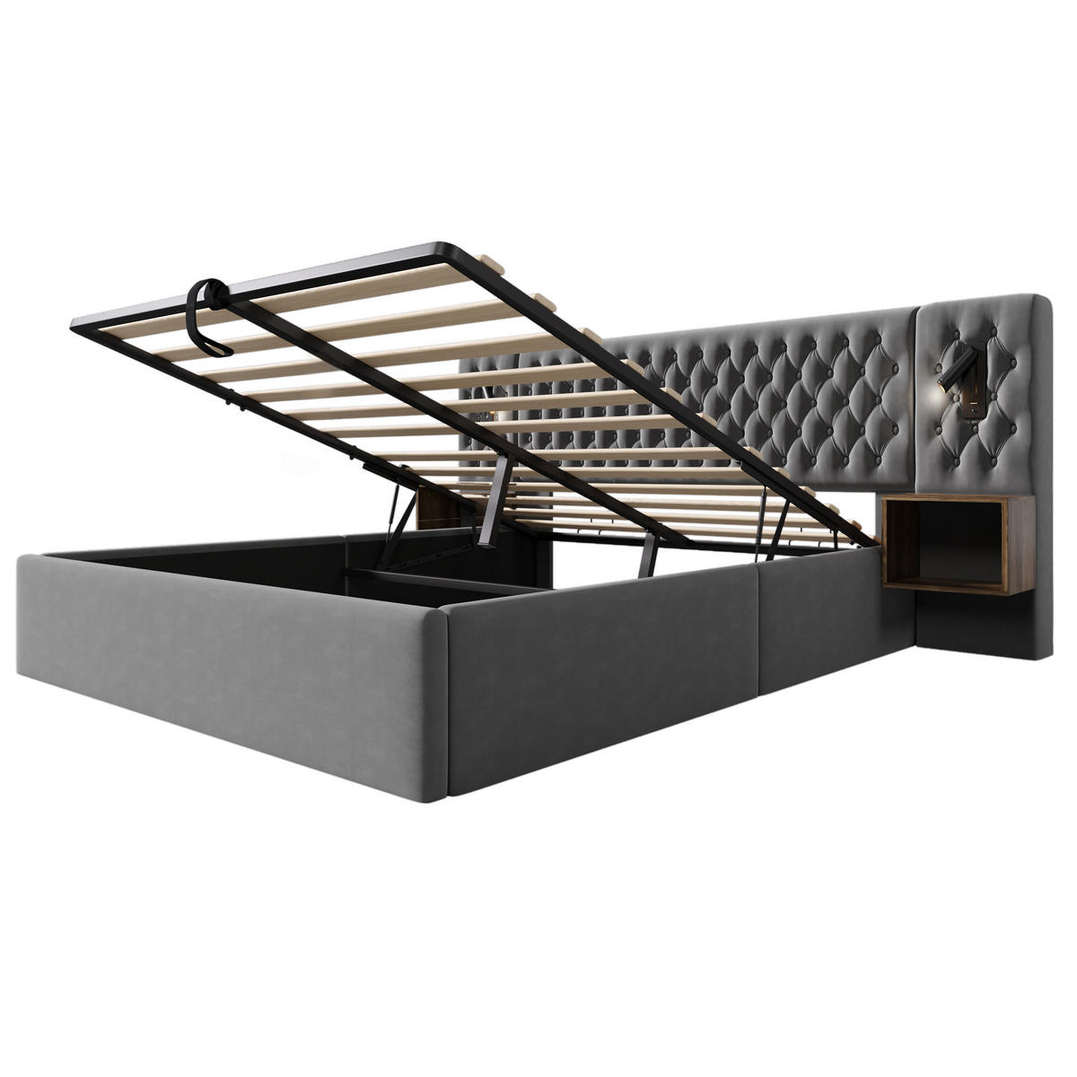 POLSTERBETT 180/200 cm Grau Hydraulisch Stauraumbett mit 2 Nachttischen - Grau, Textil (180/200cm) - OKWISH