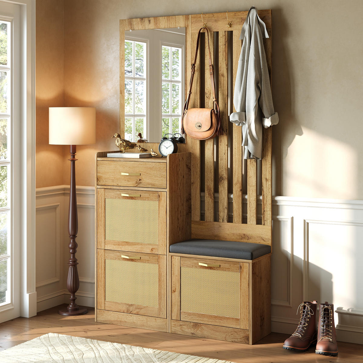 GARDEROBE Set mit Spiegel Sitzbank Schuhschrank Haken - Naturfarben, Holzwerkstoff (99.5/180/26cm) - FLIEKS