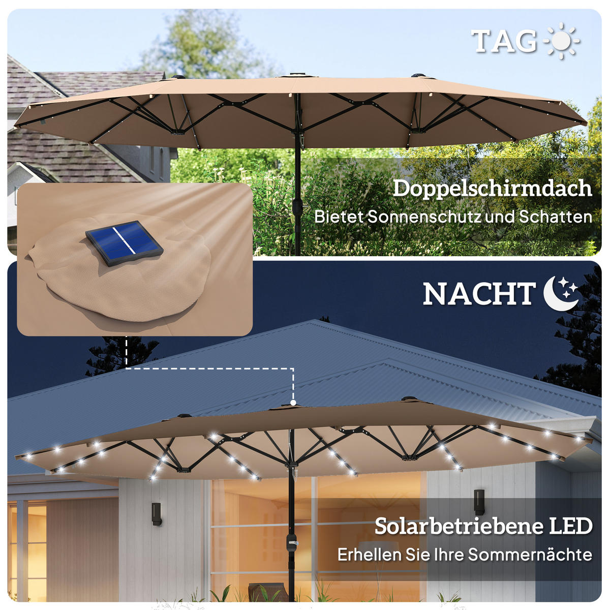 SONNENSCHIRM mit LED Doppelsonnenschirm 443 x 260 cm Gartenschirm Oval Khaki - Braun, Kunststoff/Metall (443/260cm) - Outsunny