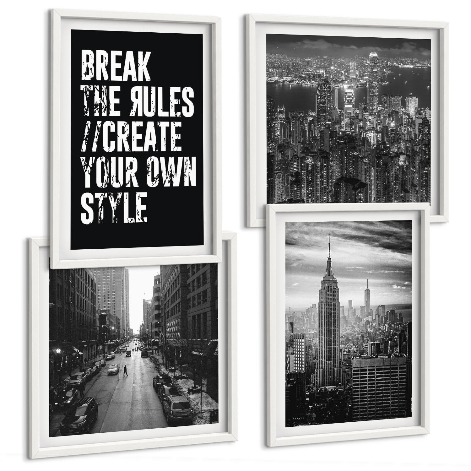 BILDER SET 4er Set - 50x50 cm & 40x60 cm Weißer Rahmen - Inspiration für Schwarz-Weiß-Darstellungen von Stadtstraßen - Weiß, Kunststoff (50/50cm) - TULUP