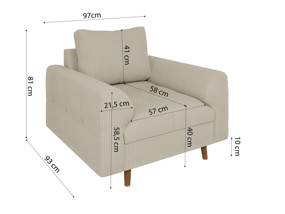 SITZGARNITUR 3+2+1 Alma Beige Cord - Beige/Schwarz, Holz/Textil (210/81/93cm) - S-Style Möbel