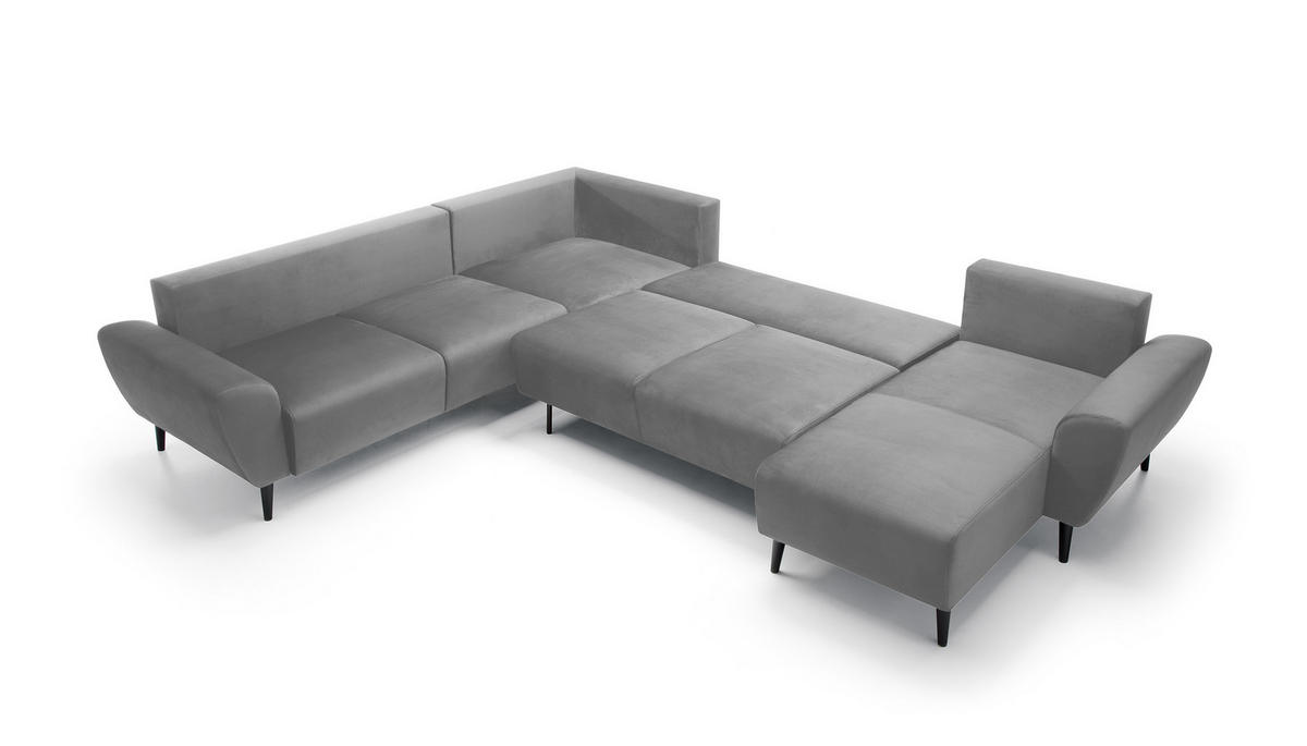 ECKSOFA BOSCO U-Form, Monolith-Stoff, freistehend, mit verstellbaren Kopfstützen, Sofa für Familien, Größe: 340x270x98cm, Farbe: Esche - Silberfarben, Holz/Textil (340/270cm) - DomoHome