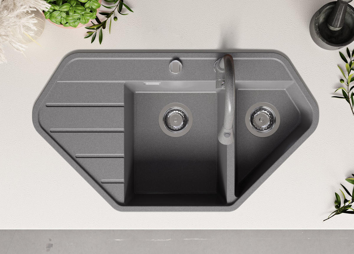 GRANITSPÜLE Kopenhagen Corner, 2-er set Grau 90/50 cm 1,5 Becken + Küchenarmatur 32/20 cm + Ablauf-Set ab 70er Unterschrank - Grau, Kunststoff (90/18/50cm) - Primagran