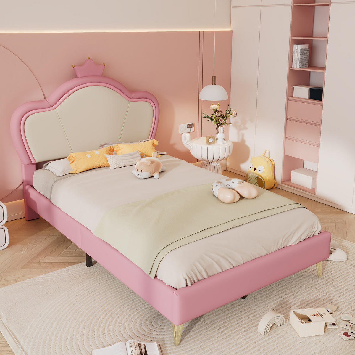 KINDERBETT 90/200 cm aus PU mit Kronen-Kopfteil Rosa/Weiß - Weiß, Kunststoff (90/200cm) - Modenvie