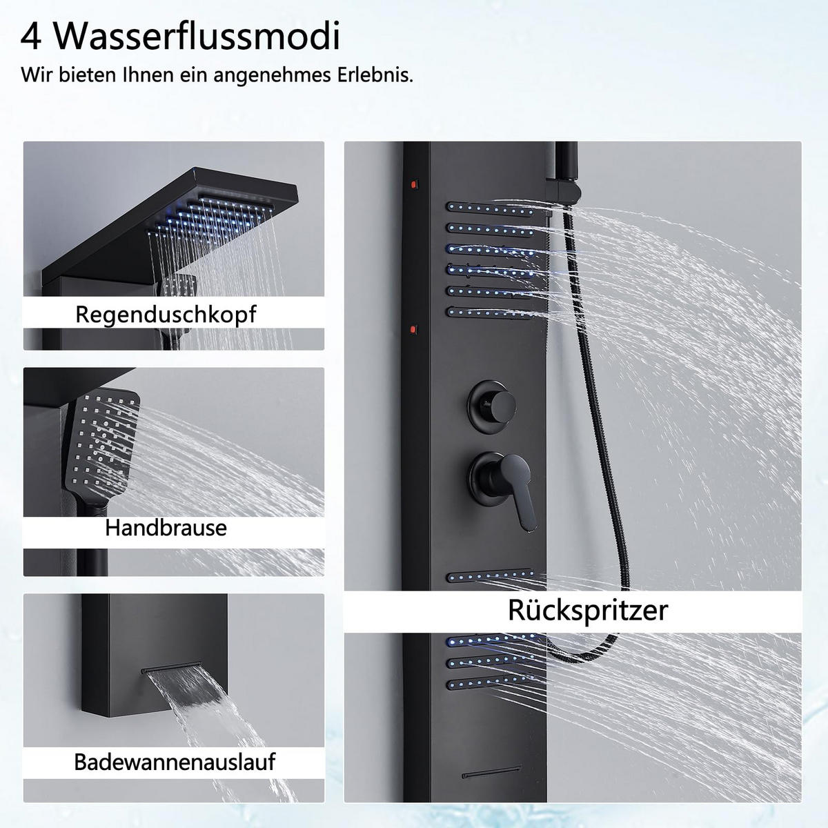 ÜBERKOPFBRAUSESET Schwarz LED Regendusche Massagedüsen - Schwarz, Metall (20/122/46cm) - Kaket