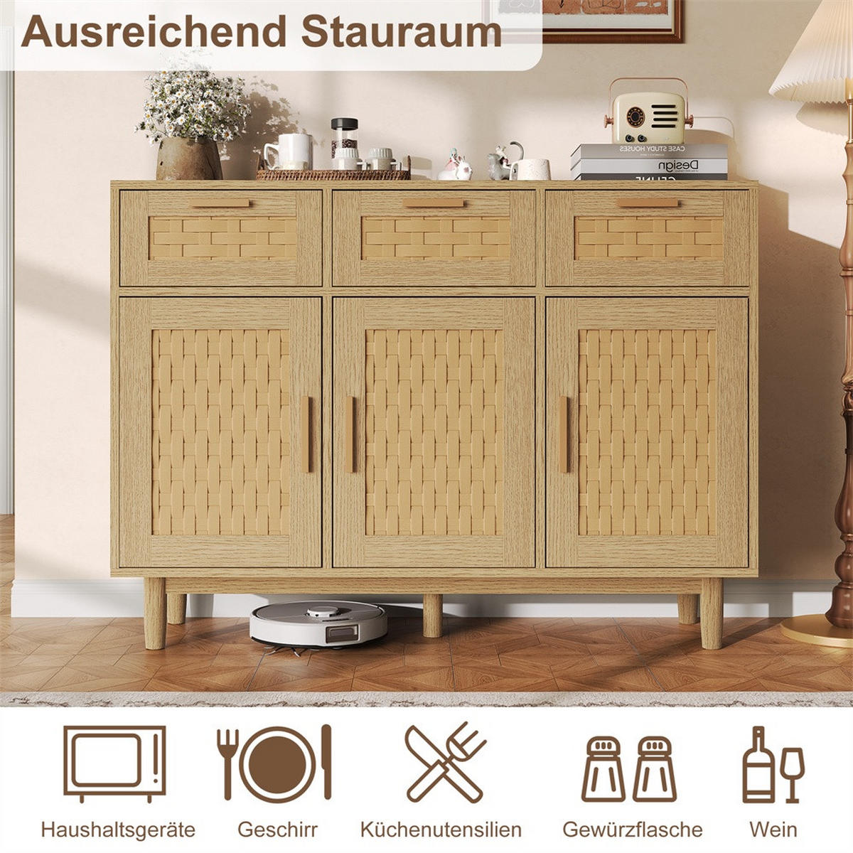 SIDEBOARD mit 3 Schubladen und 3 Türen - natürliche Geflecht-Optik und feine Metallgriffe - Eiche-Optik - Eichefarben, Holzwerkstoff (107.9/80/40cm) - DELFA