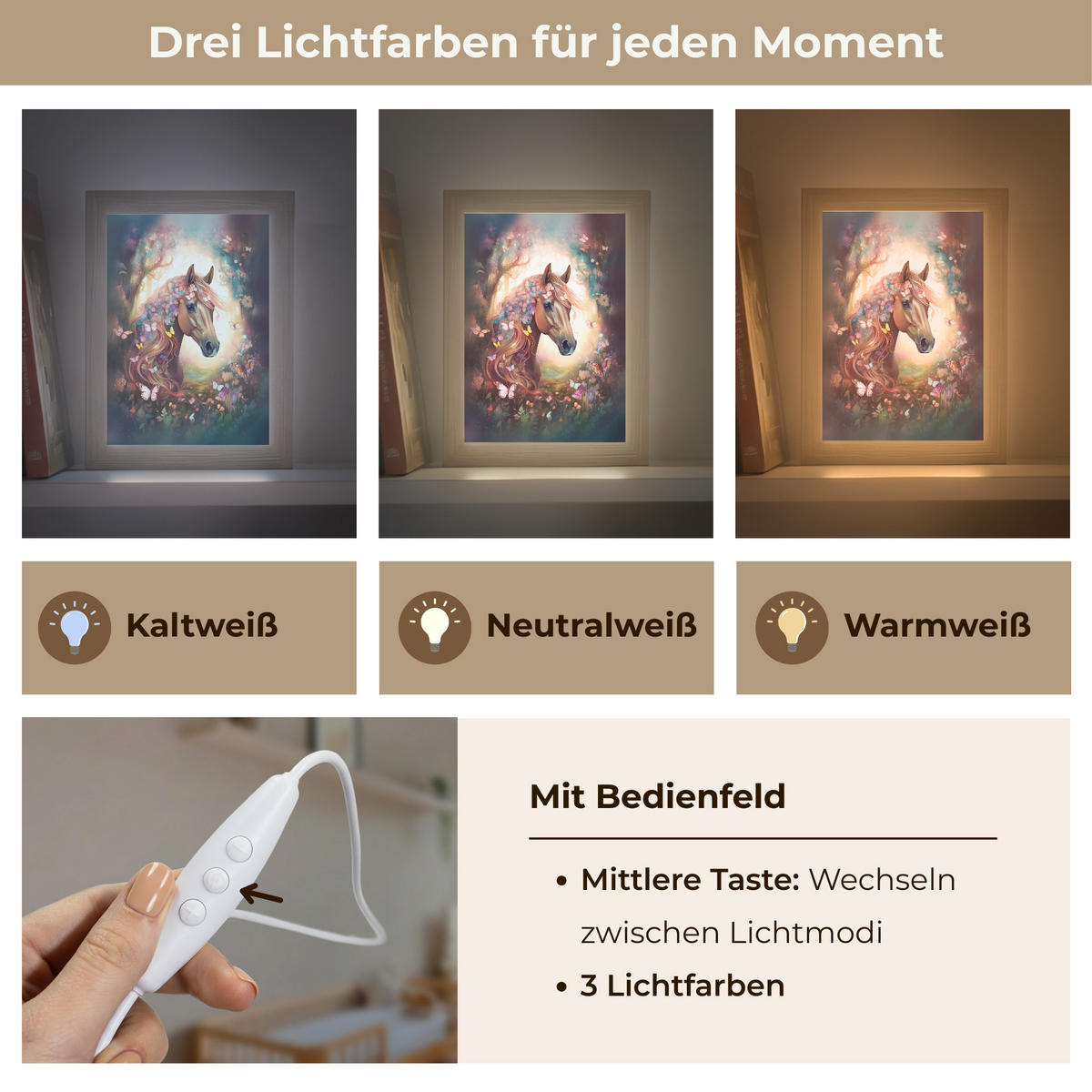 NACHTTISCHLAMPE Pferd - Natur - Blumen - Schmetterlinge - Wald 15x20 cm - Dunkelbraun, Holzwerkstoff (8/15/20cm)