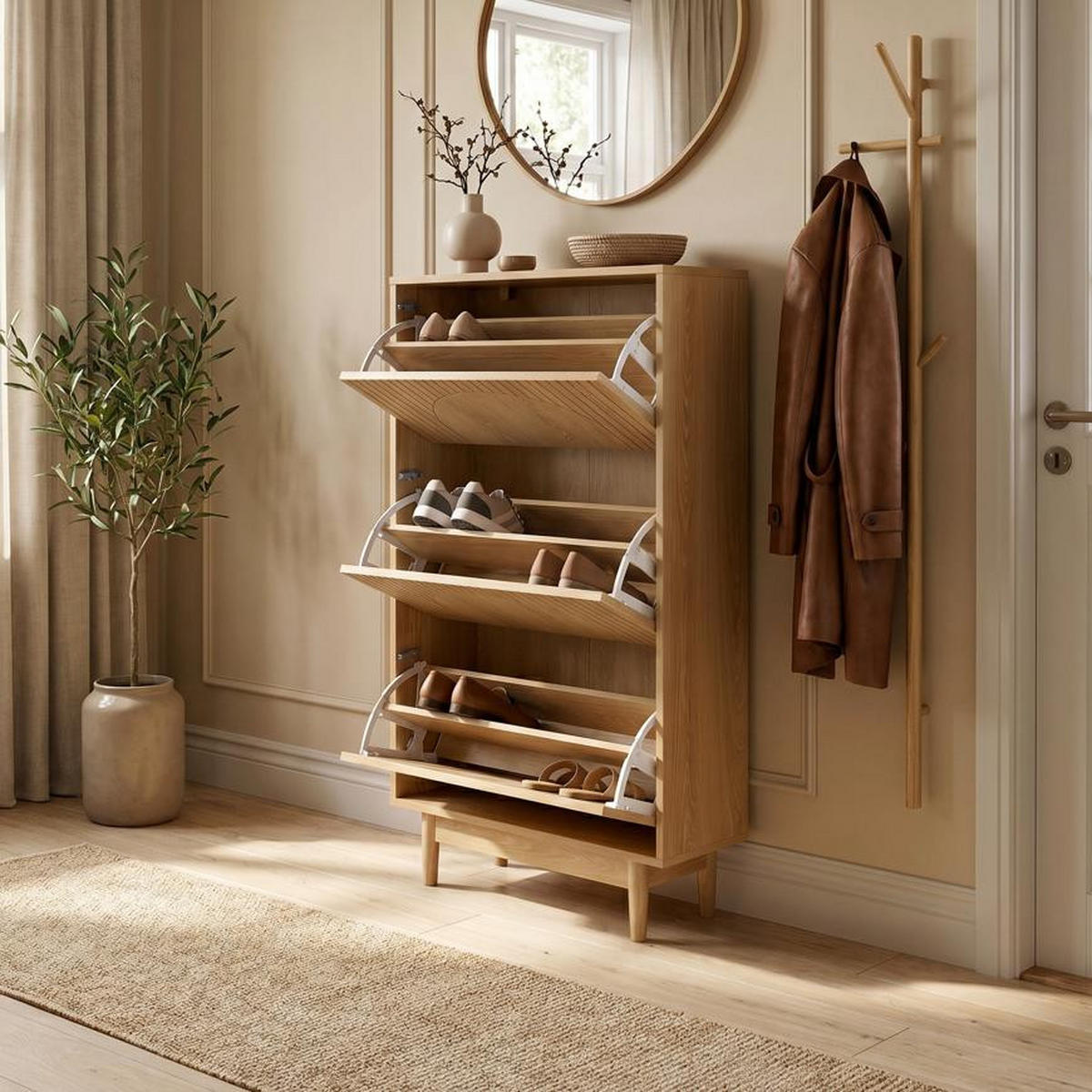 SCHUHSCHRANK Skandinavischer mit 3 Fächern in Eichenoptik - LILA - Eichefarben/Beige, Holzwerkstoff/Metall (60/125.5/23.5cm) - Sicaan