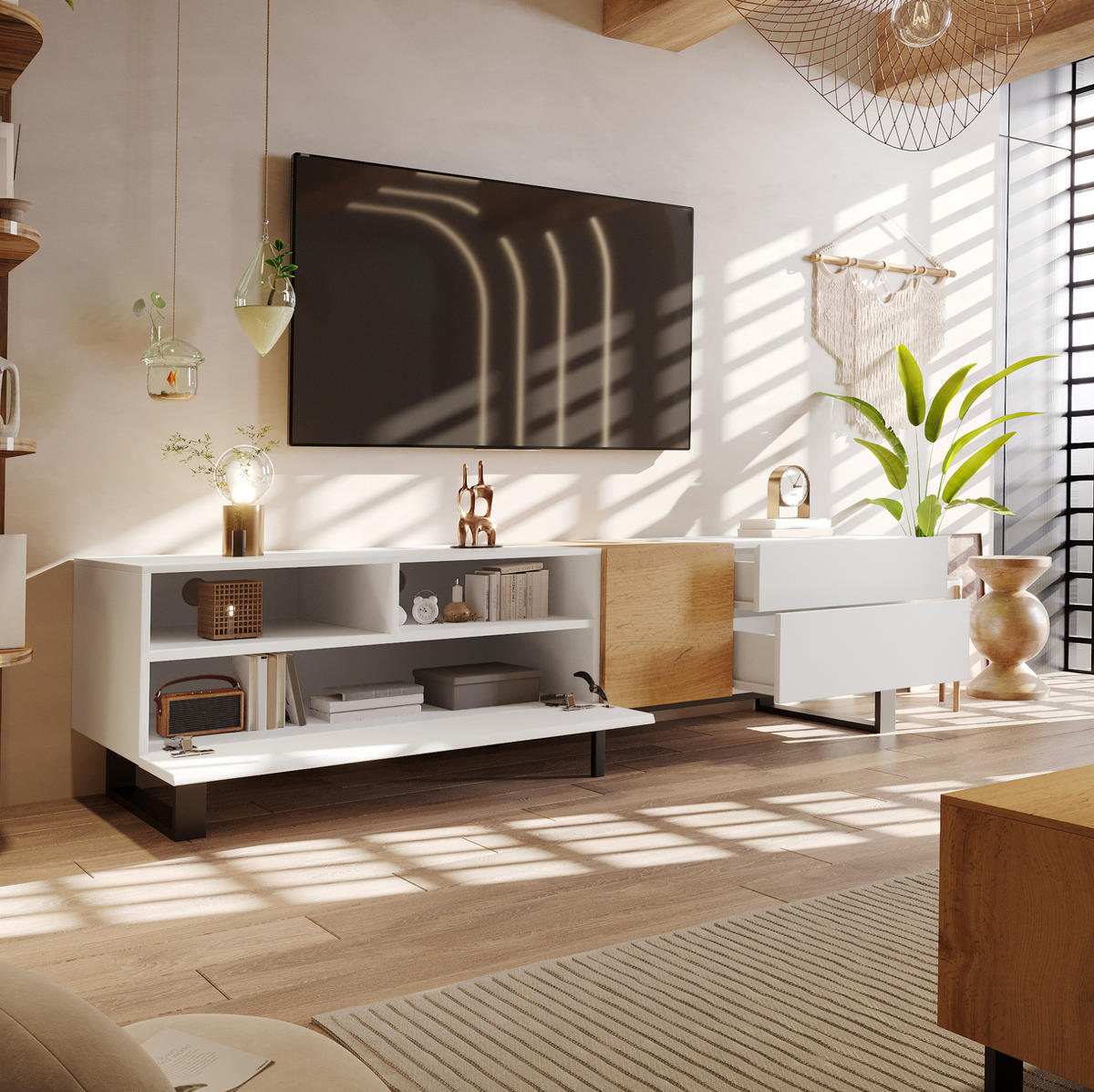 TV-ELEMENT mit Stauraum 180 x 38 x 50 cm MDF Weiß Holzoptik - Weiß, Holzwerkstoff (38/50/180cm) - Beauniv