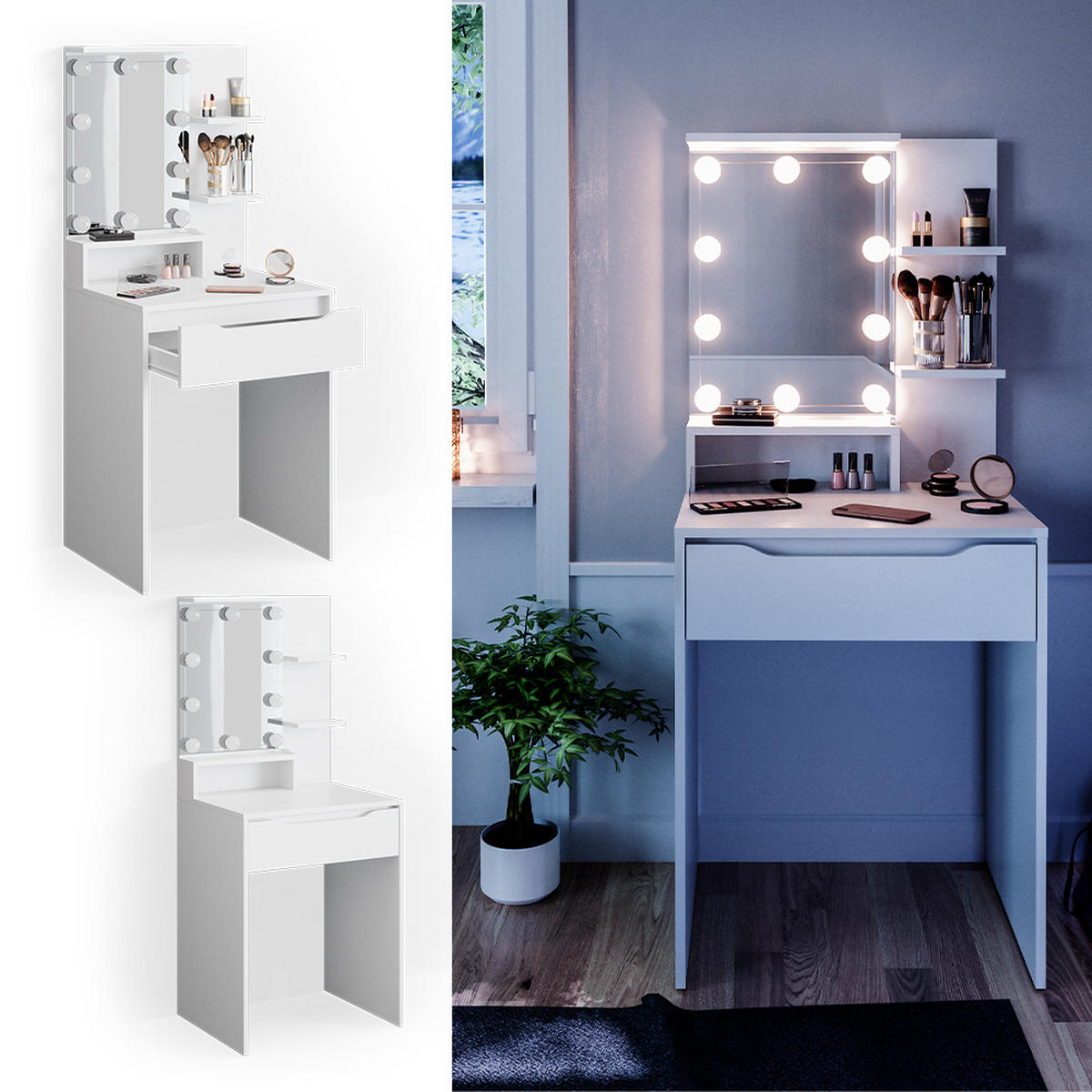 SCHMINKTISCH Ruben Weiß 60 cm mit LED Beleuchtung - Weiß, Holzwerkstoff (60/142.7/48cm) - Vicco