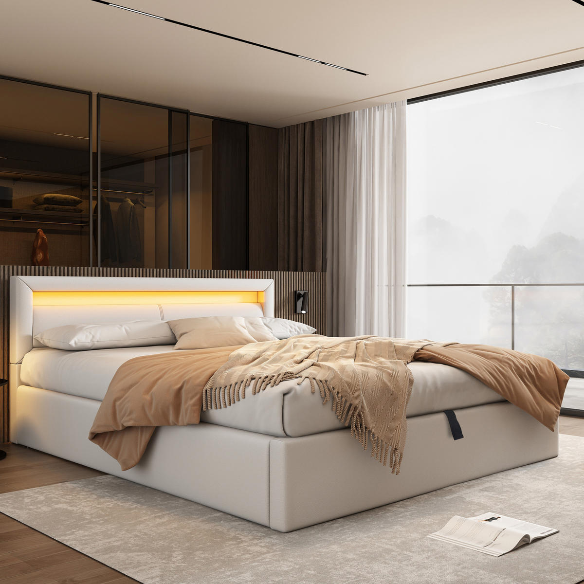 ČALOUNĚNÁ postel 140/200 cm bílá z PU s LED osvětlením a úložným prostorem - bílá, plast (140/200cm) - OKWISH