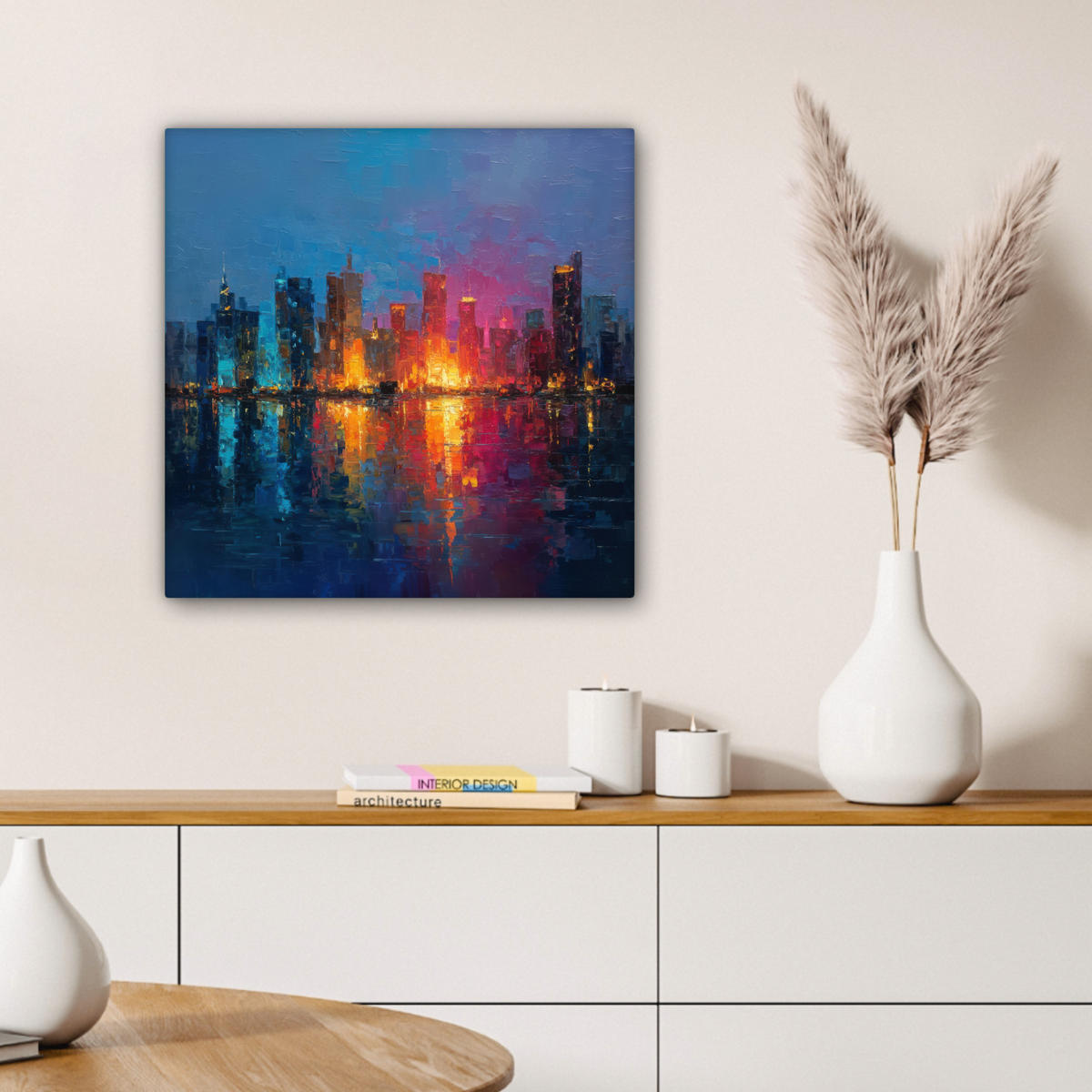 LEINWANDBILD Skyline - Pinselstriche - Dunkelblau - Leuchtend Wandbild Wohnzimmer 50x50 cm - Blau, Textil (50/50cm) - MuchoWow