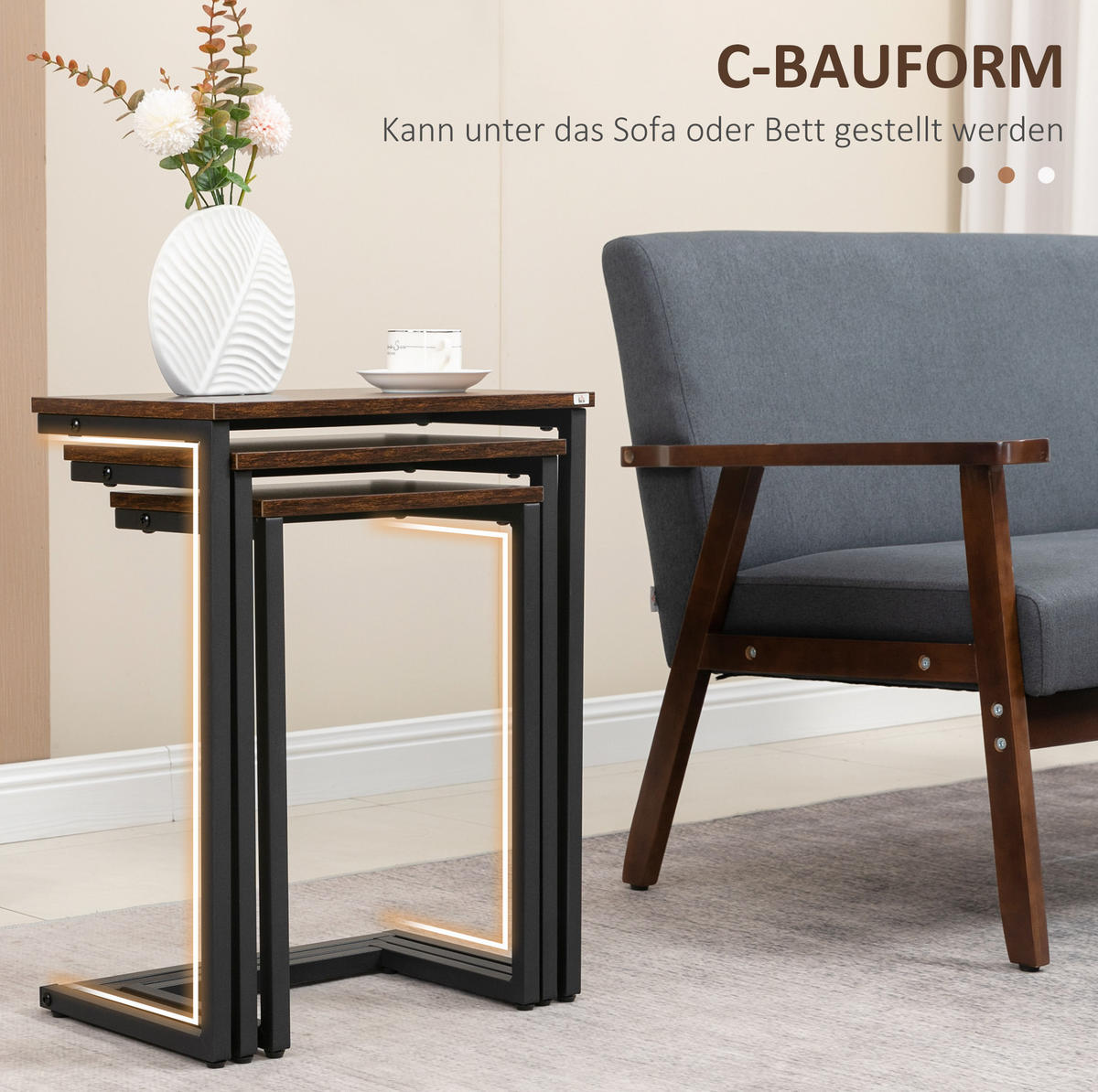 BEISTELLTISCH-SET 3er C-förmig in Braun/Schwarz – platzsparend im Industrial-Look - Braun, Holzwerkstoff (30/45/60cm) - BEAOK