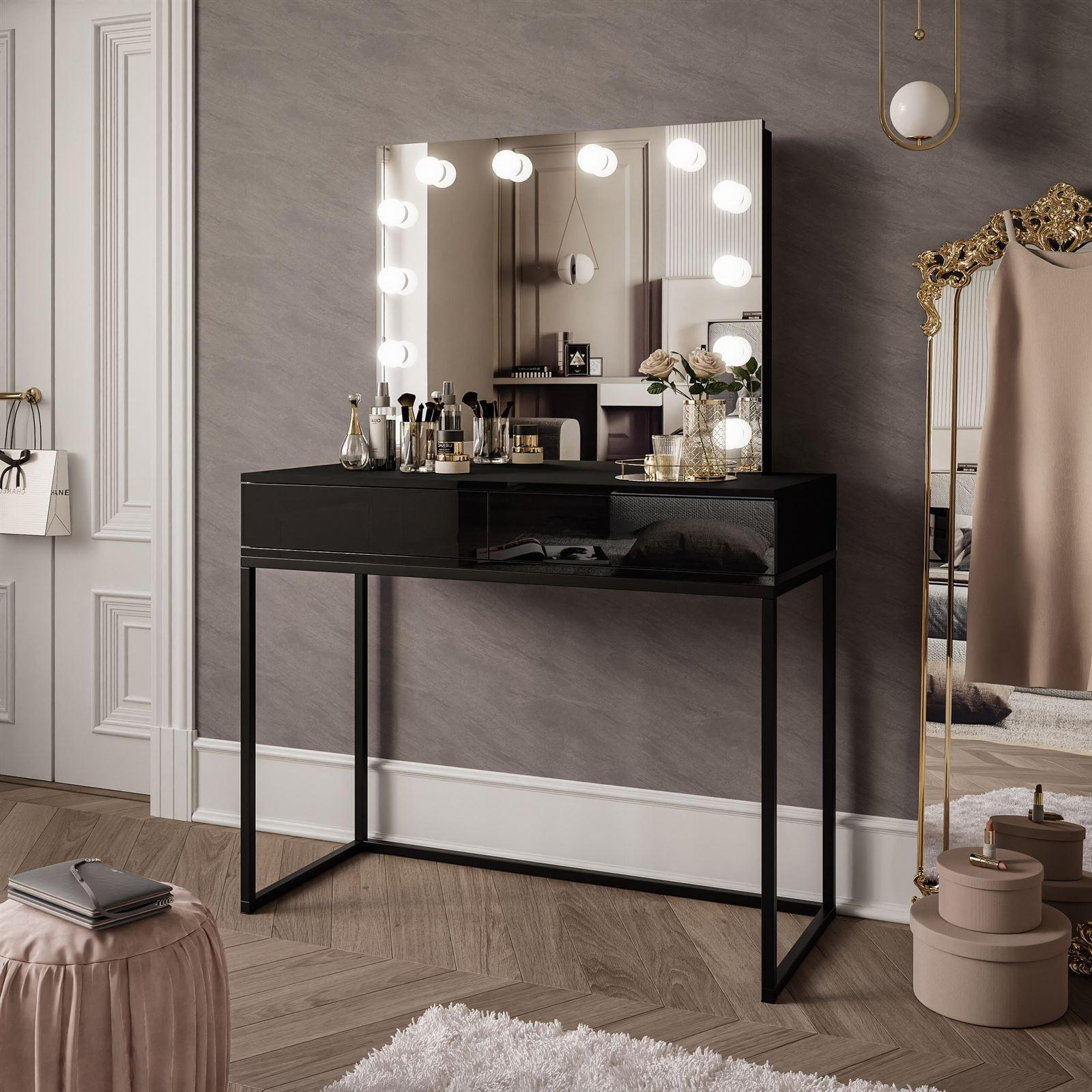 SCHMINKTISCH BLANCO LOFT ELITE mit Spiegel und Beleuchtung Schwarz Hochglanz PUSH OPEN - Schwarz Hochglanz/Schwarz, Holzwerkstoff (100/146/42cm) - Lookway