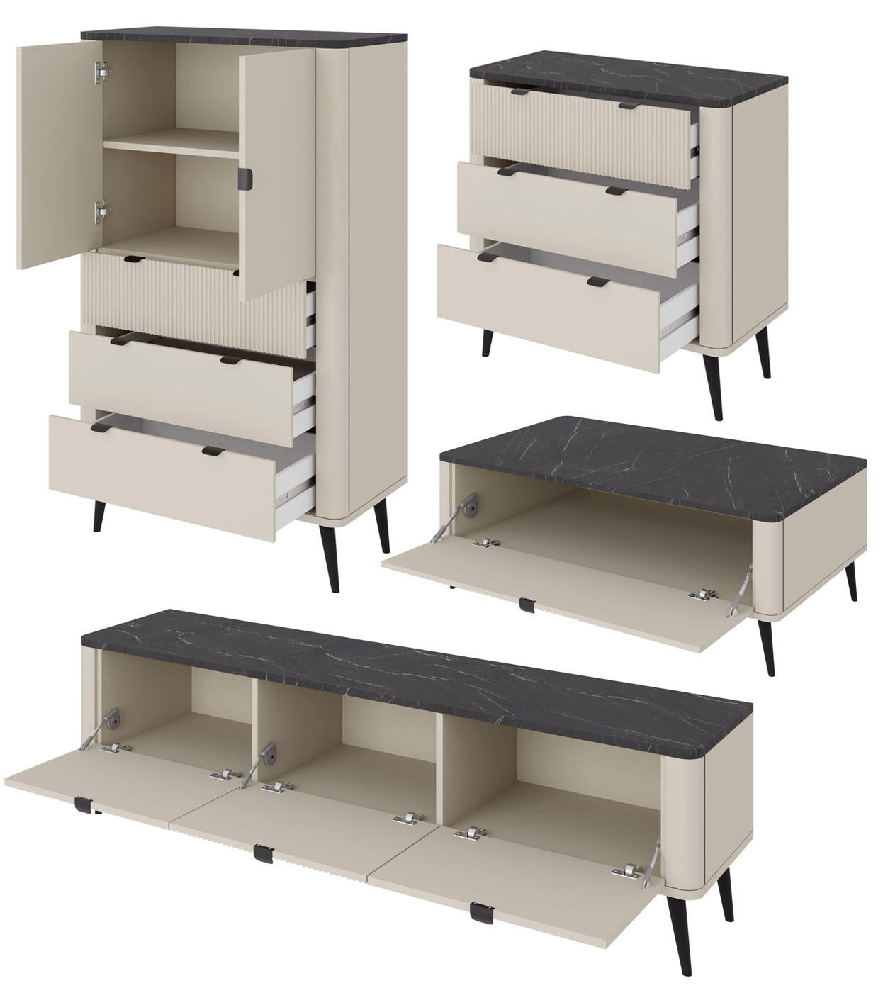 WOHNZIMMER-SET Marly 4-tlg Kaschmir / Walnuss - Kaschmir/Beige, Holz/Holzwerkstoff (440/163/60cm) - Feldmann-Wohnen