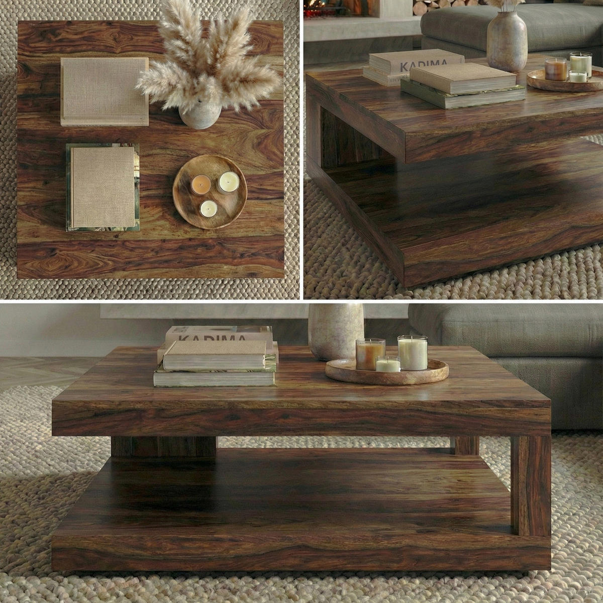 COUCHTISCH Sheesham Massivholz, Quadratisch, Maße 90x90 cm, Einzigartiges Unikat - Braun, Holz (90/90/40cm) - KADIMA DESIGN