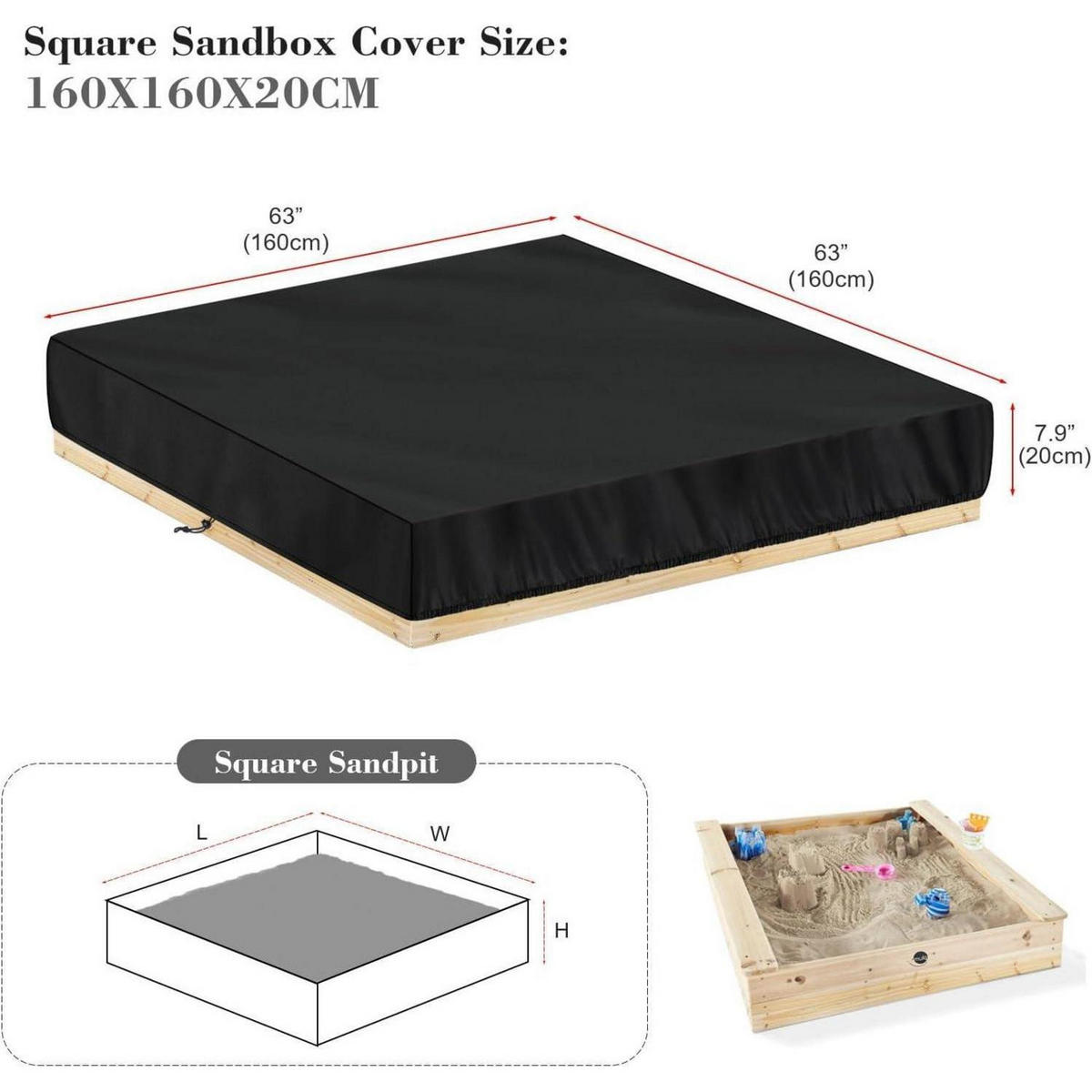 SANDKASTEN Abdeckung 160 x 160 cm Wasserdicht - Schwarz, Textil (1/1/1cm)
