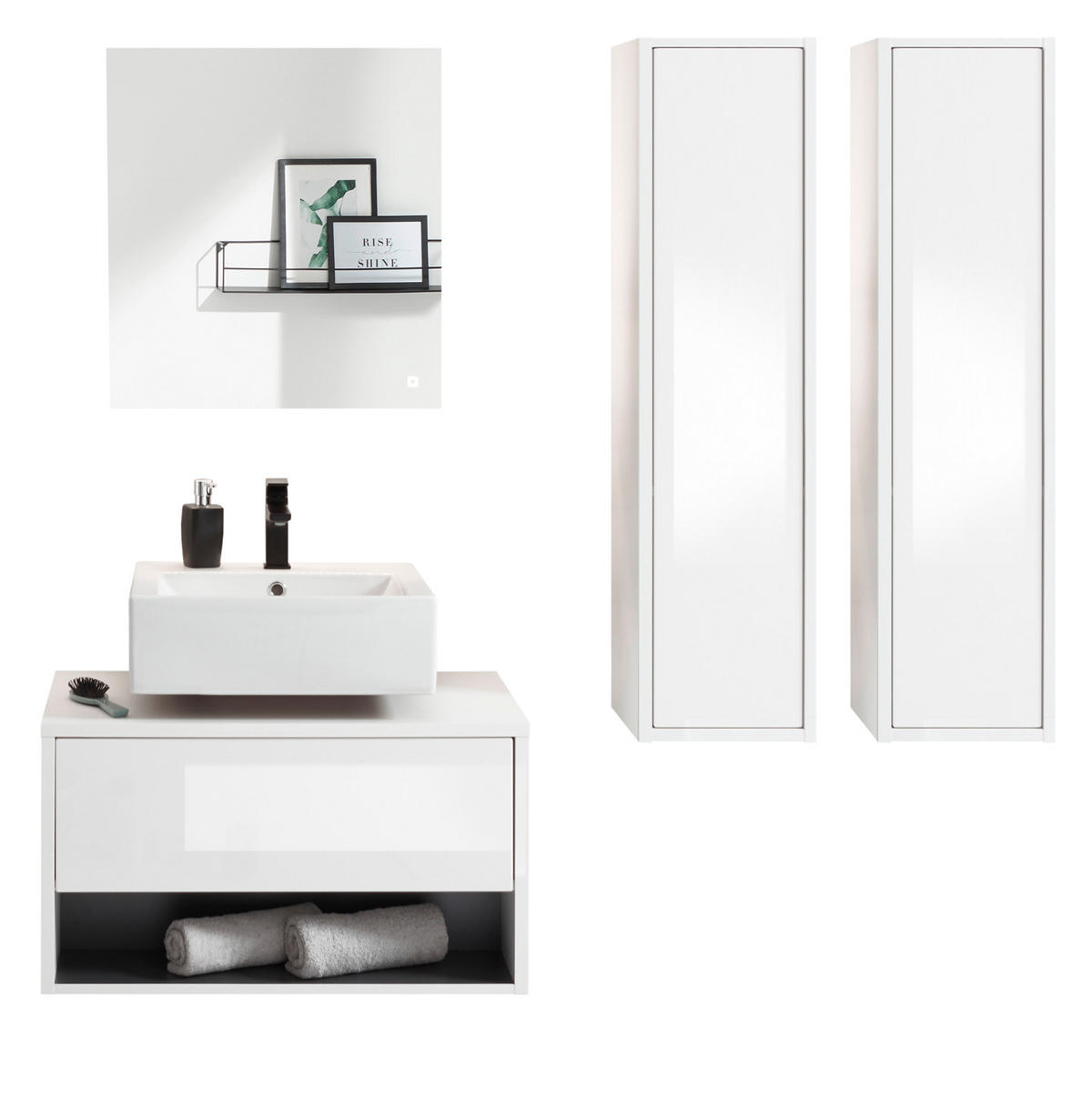 BADMÖBEL-SET 4-teilig weiß Hochglanz, grau, Badezimmerschränke mit LED Beleuchtung 160 cm - Weiß Hochglanz/Grau, Glas/Holzwerkstoff (160/190/46cm) - Furn.Design