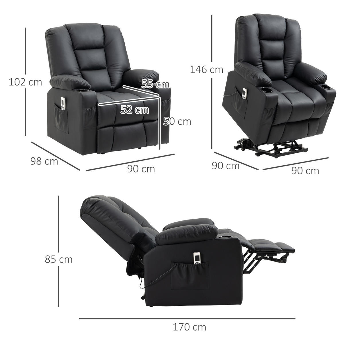 RELAXSESSEL in Schwarz 98x90x102 cm mit Aufstehhilfe, Liegefunktion und Massagefunktion - Schwarz, Metall (90/102/98cm) - IVMEU
