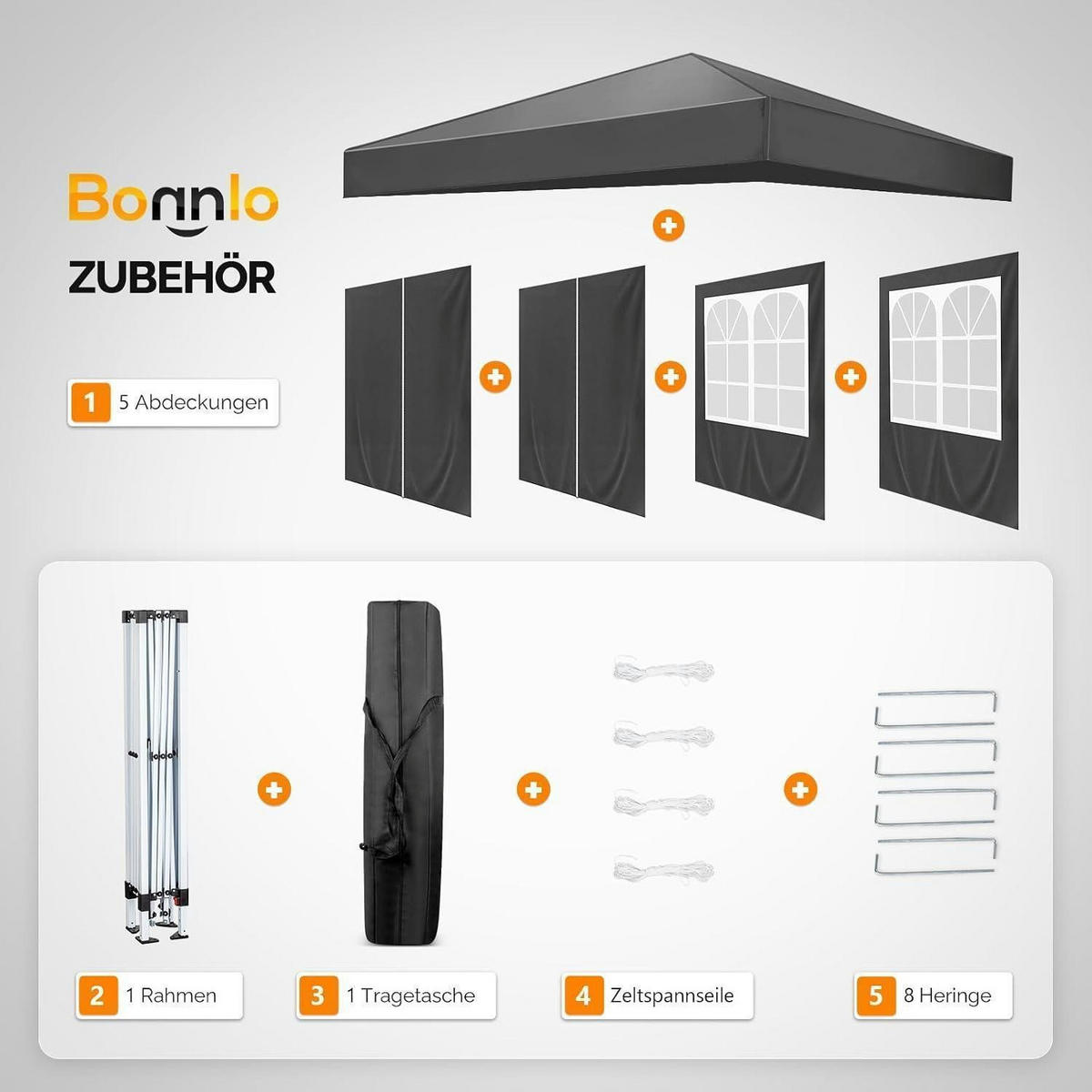 FALTPAVILLON 2 x 2 m Grau mit 4 Seitenteilen - Schwarz, Metall (200/245/200cm)