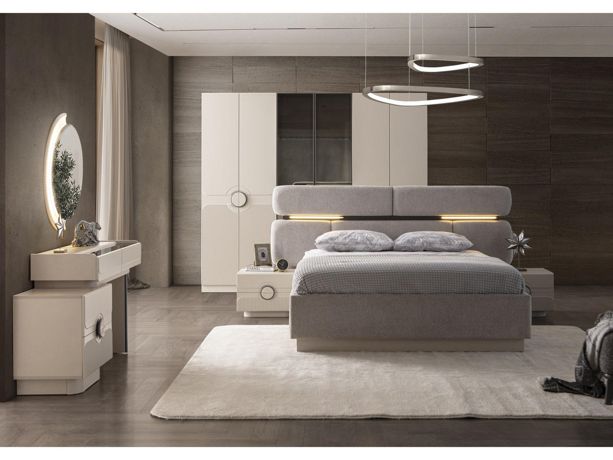 BETTANLAGE SARMIRA Schlafzimmer-Set, 5-teilig, Creme, Bett mit Kopfteil 2 Nachttischen Kommode und Kleiderschrank - Creme, Leder/Holzwerkstoff (160/200cm) - Villa Möbel