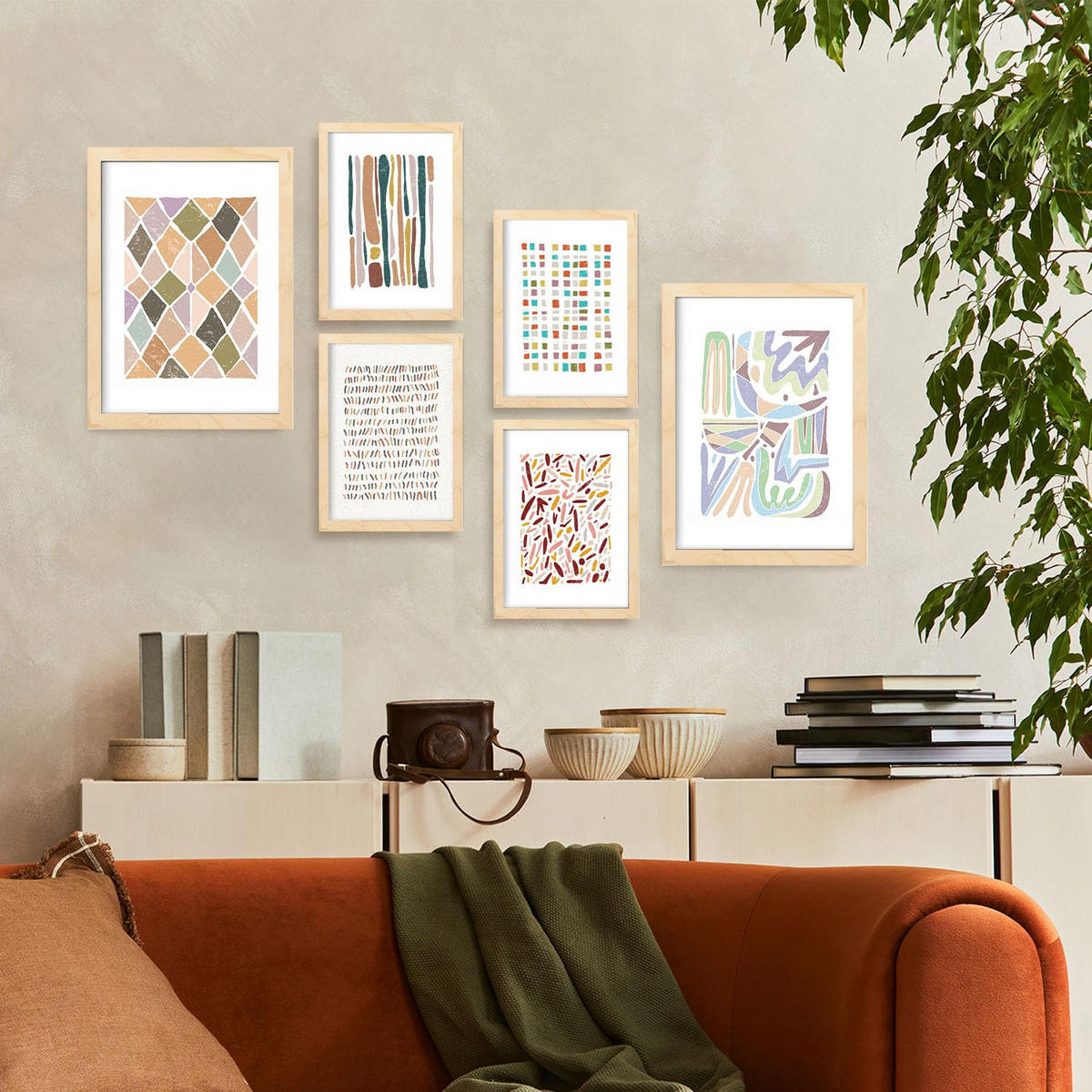 POSTER Set Mit 6 Drucken Von Mustern In Der Sammlung Von Ethnischenen Dekorative Rahmen Für Ihr Zuhause Wandkunstdruck A3 & A4 Rahmen Aus Hellem Holz - Beige, Papier (29/3cm) - Nacnic