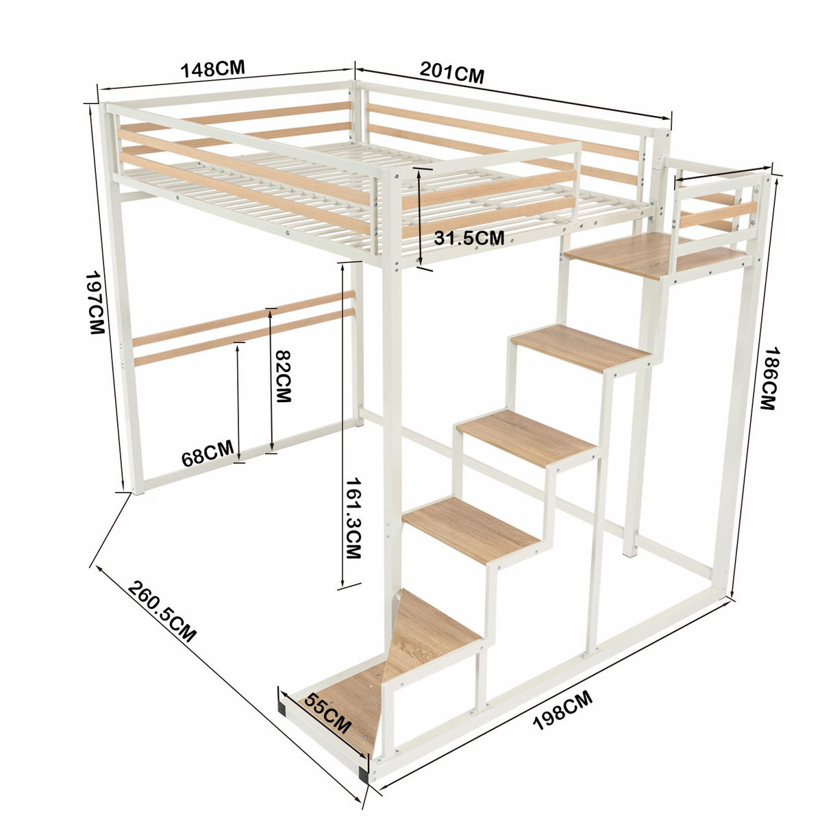 HOCHBETT mit Treppe und Arbeitsbereich – Metallbett Weiß/Eicheoptik, platzsparendes Loftbett mit Schreibtischbereich - Weiß, Metall (148/201cm) - Meubles Cosy