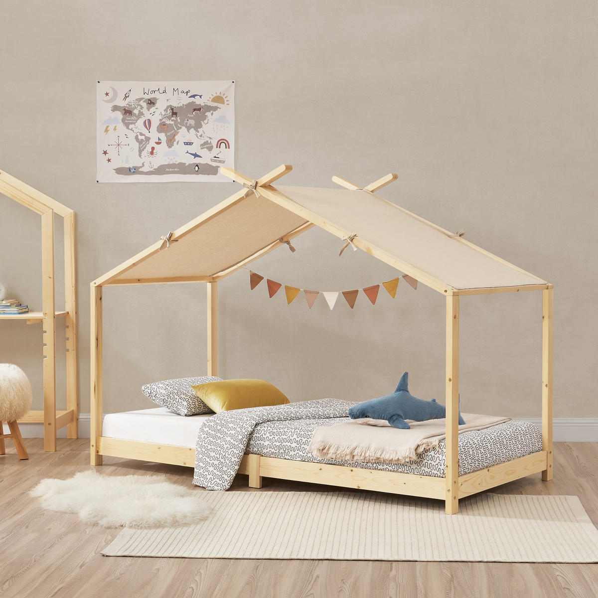 HAUSBETT Brome - Naturfarben, Holz/Textil (90/200cm) - [en.casa]