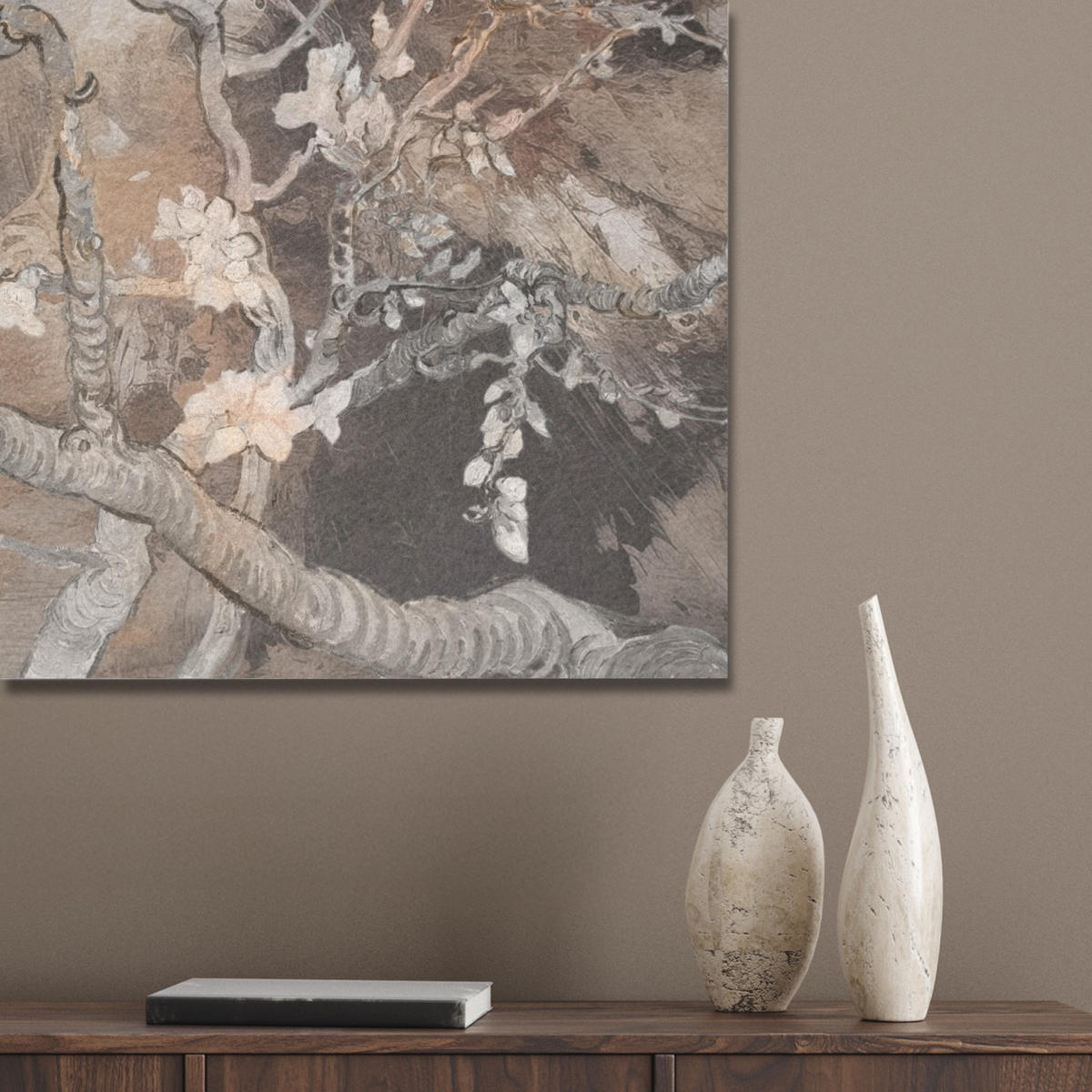 AKUSTIKPANEEL Mandelblüte - Kunst - Van Gogh - Beige - Abstrakt 60x80 cm - Braun, Textil (60/0.9cm) - MuchoWow