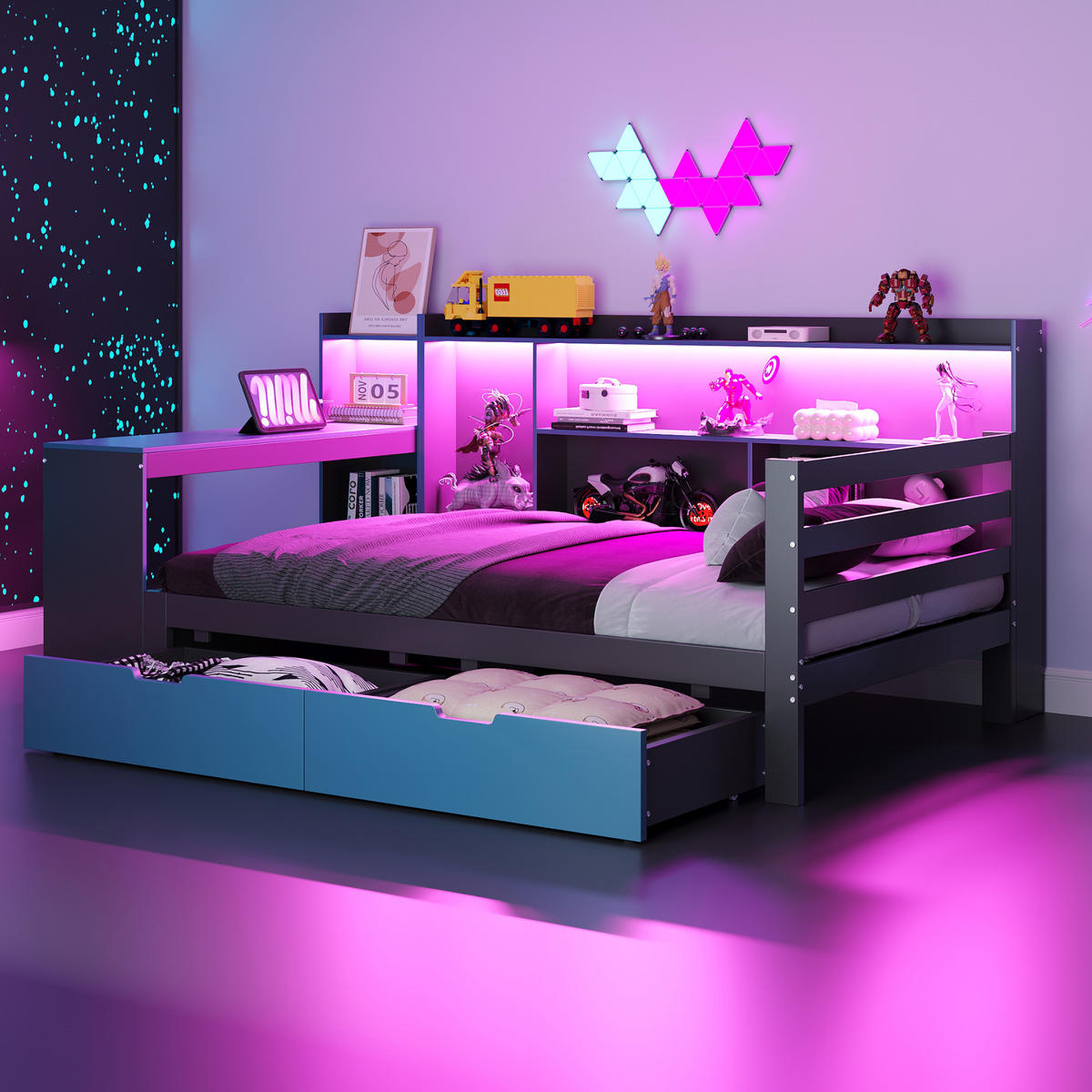 SCHLAFSOFA 90/200 cm in Schwarz & Blau mit Schreibtisch, 2 Schubladen und LED - Blau/Schwarz, Holz/Holzwerkstoff (90/200cm) - WISHDOR