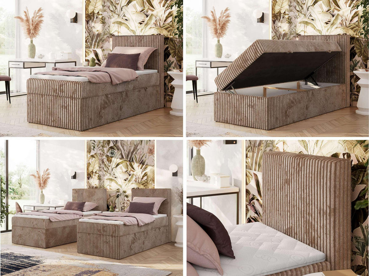 BOXBETT TILIANO 90/200 - Braun Cord - H3 - Rechts - Braun, Textil (90/200cm) - MKS