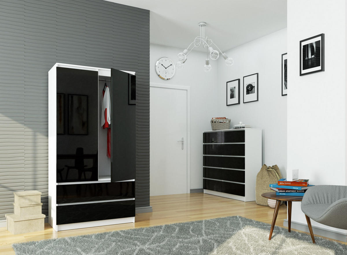 KLEIDERSCHRANK Weiß, Schwarz Glanz 180/90/51 - Weiß, Holzwerkstoff (90/180/51cm) - RAUMHIRSCH FURNITURE