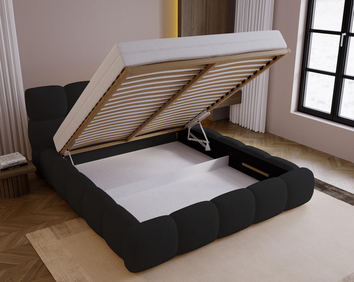 DOPPELBETT 200x200 Lucca mit Bettkasten, Stoff Bouclé, Schwarz - Schwarz, Holz/Textil (200/200cm) - Emporius