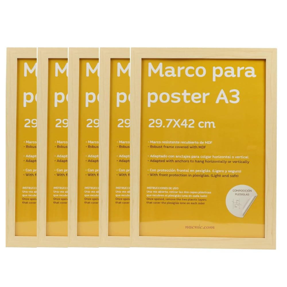 RAHMEN Set mit 48 aus MDF und Acrylglas Schutz und Aussteller für Fotografien, Bilder, Poster, Gemälde, Dekoration für Haus Farbe Hellholz A3 - Beige, Holz (29.7/3/42cm) - Nacnic