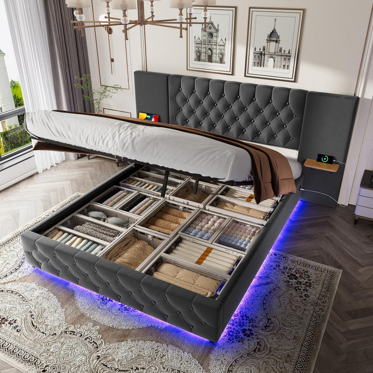 POLSTERBETT aus Samt 140x200 cm in Grau mit LED & USB & Stauraum - Grau, Textil (140/200cm) - Modfu