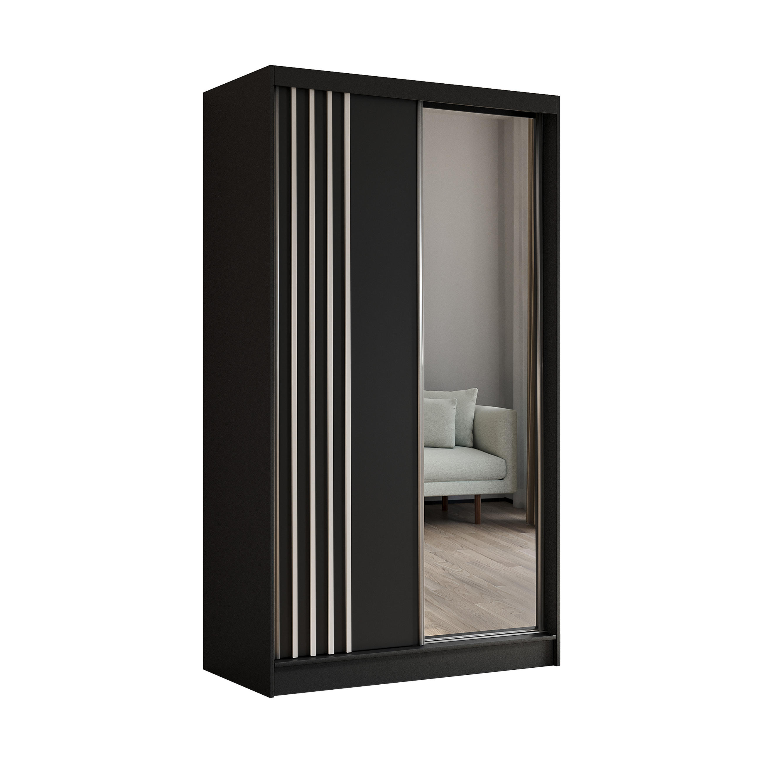 KLEIDERSCHRANK mit Spiegel-Schiebetüren und Aluminium-Leisten, LED-Beleuchtung - NALLA - 120 cm Schwarz+Schwarz+Weiß - Schwarz/Weiß, Holzwerkstoff (120/216/61cm) - ALTDECOR