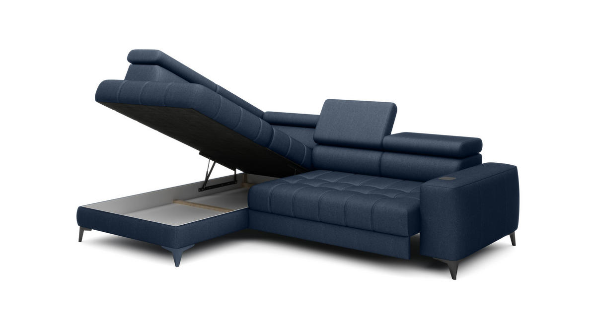 ECKSOFA BAGGIO Letto Stoff, Schlaffunktion, Bettkasten, Sitztiefe, Kopfstützen 280x196cm – Links – Marineblau - Dunkelblau, Holz/Textil (196/280cm) - DomoHome